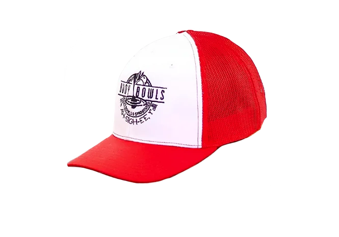 Red and white Buoy Bowls logo trucker hat